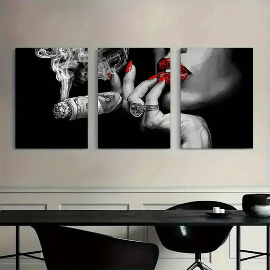 3pcs Black & White Woman's Hand with Red Nails Metal Print Ready to Hang Art