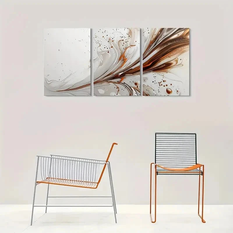 3pcs Modern Abstract Painting Brown and White Metal Print Ready to Hang Art