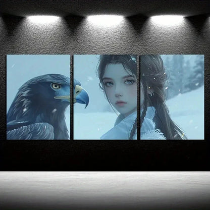 3pcs Eagles & Women in Winter Themed Design Metal Print Ready to Hang Art