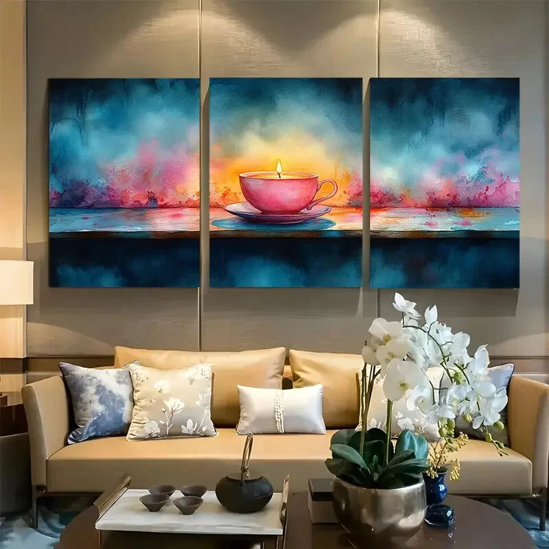 3pcs Vibrant Pink Tea Cup Candle Watercolor Metal Print Ready to Hang Art
