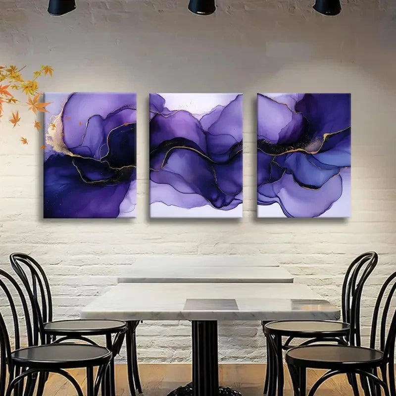 3pcs Flowing Purple Watercolor with Golden Veins Metal Print Ready to Hang Art