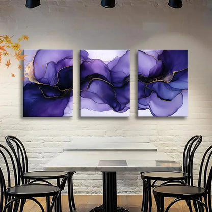 3pcs Flowing Purple Watercolor with Golden Veins Metal Print Ready to Hang Art