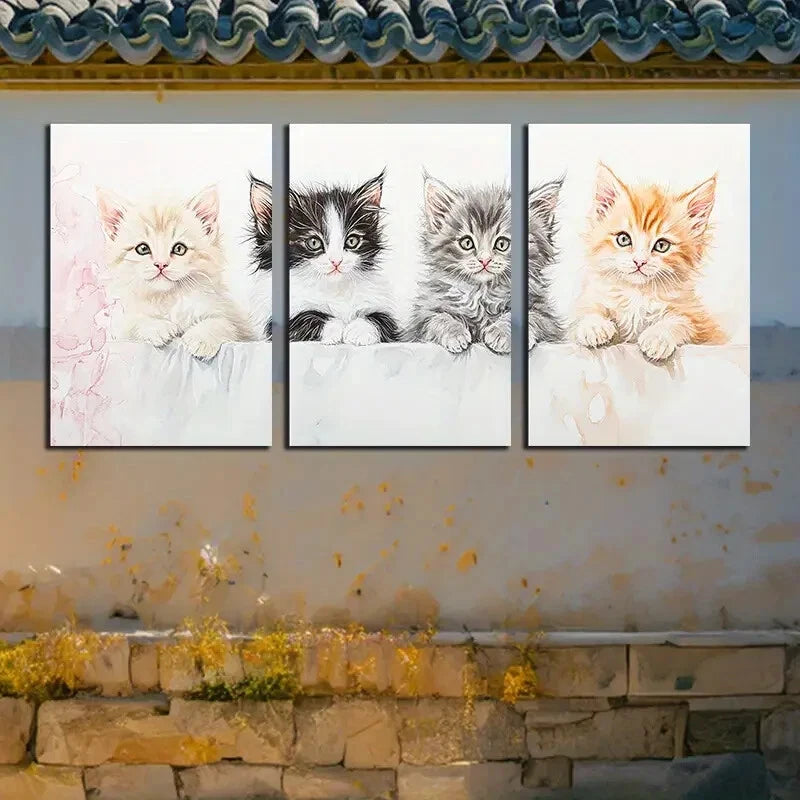 3pcs Cat is sitting on the Sofa Soft Illustration Metal Print Ready to Hang Art