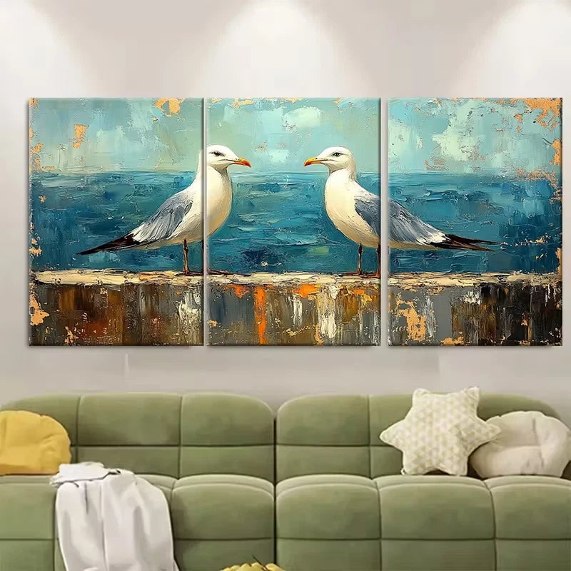 3pcs Oil Painting Sea Birds Metal Print Ready to Hang Art