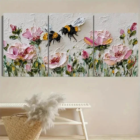 3pcs Bumblebee Art Pink Rose Flower Wall Art Canvas Unframed - High Quality Print 100% Australian Made Wall Canvas