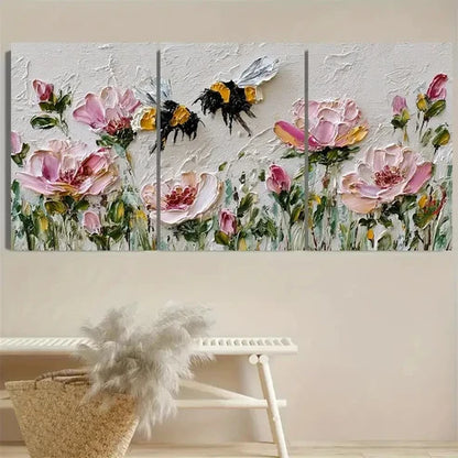 3pcs Bumblebee Art Pink Rose Flower Wall Art Canvas Unframed - High Quality Print 100% Australian Made Wall Canvas