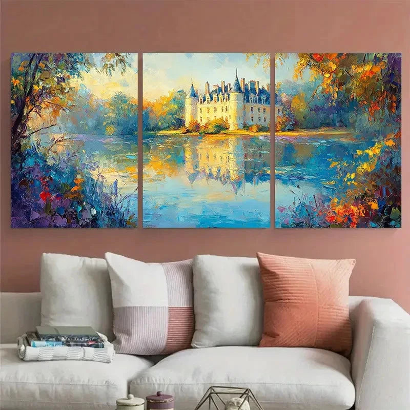 3pcs Chateau Of Light Impressionist Landscape Wall Art Set Canvas Framed 60x90cm - High Quality Print 100% Australian Made Wall Canvas Ready to Hang