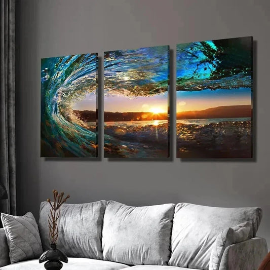 3pcs Huge Wave Tides And Sunset Landscape Wall Art Set Canvas Framed 40x60cm - High Quality Print 100% Australian Made Wall Canvas Ready to Hang