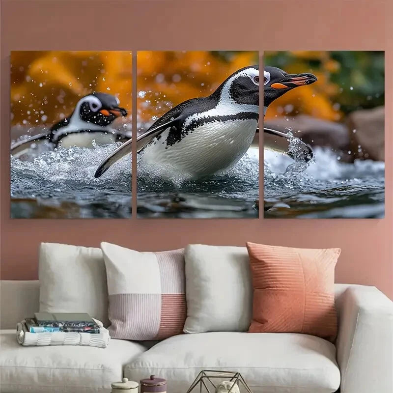 3pcs African Black Footed Penguin Swimming Sea Metal Print Ready to Hang Art