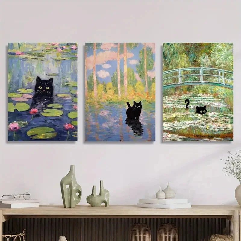 3pcs Featuring a Black Cat Inspired by Monet Metal Print Ready to Hang Art