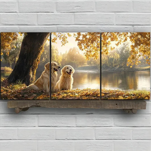 3pcs Featuring Dogs by a Forest Lake Metal Print Ready to Hang Art
