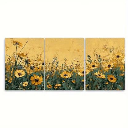 3pcs Golden Vintage Wildflower Field Landscape Metal Print Ready to Hang Art