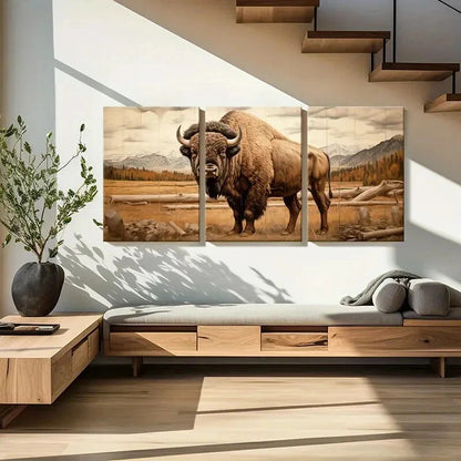 3pcs Bison Landscape Art Mountain Wildlife Scene Metal Print Ready to Hang Art