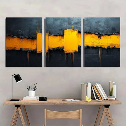 3pcs Modern Grey and Yellow Abstract Metal Print Ready to Hang Art