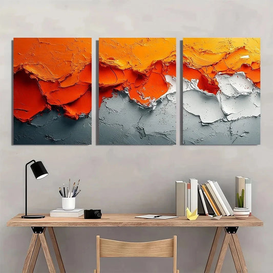 3pcs Vibrant Orange Beige Gray Textured Design Metal Print Ready to Hang Art