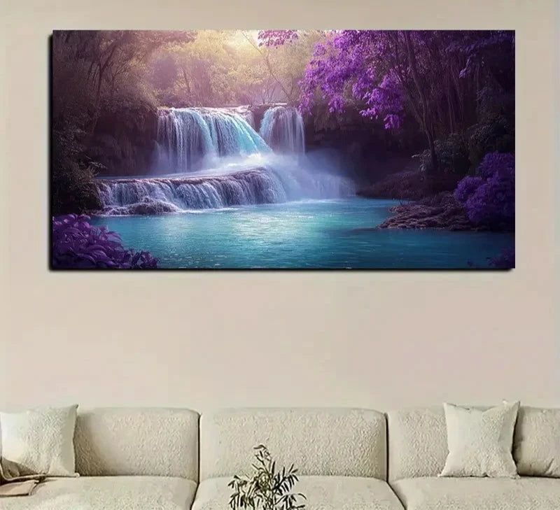 Retro Purple Waterfall Nature Wall Art Canvas Office Home Room Framed 120x60cm