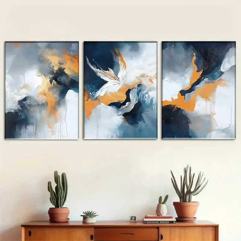 3pcs Blue White and Golden Fluid Paints Metal Print Ready to Hang Art