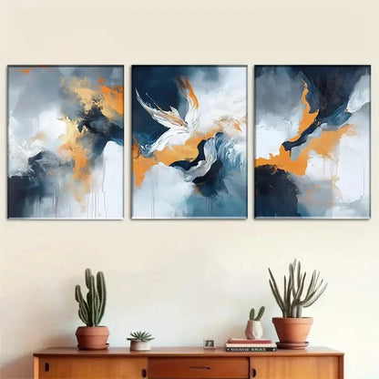 3pcs Blue White and Golden Fluid Paints Metal Print Ready to Hang Art