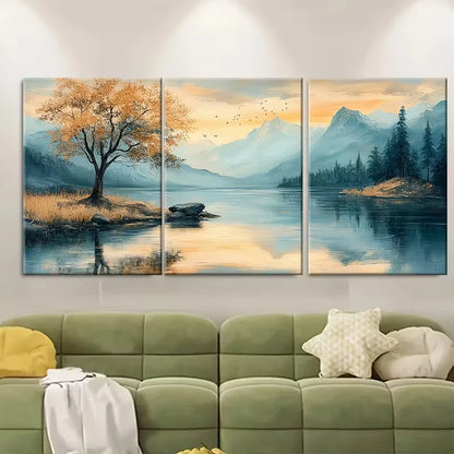 3pcs Serene Lake, Mountains & Trees Metal Print Ready to Hang Art