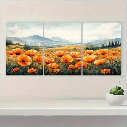 3pcs Orange Poppy Wildflower Watercolor Metal Print Ready to Hang Art