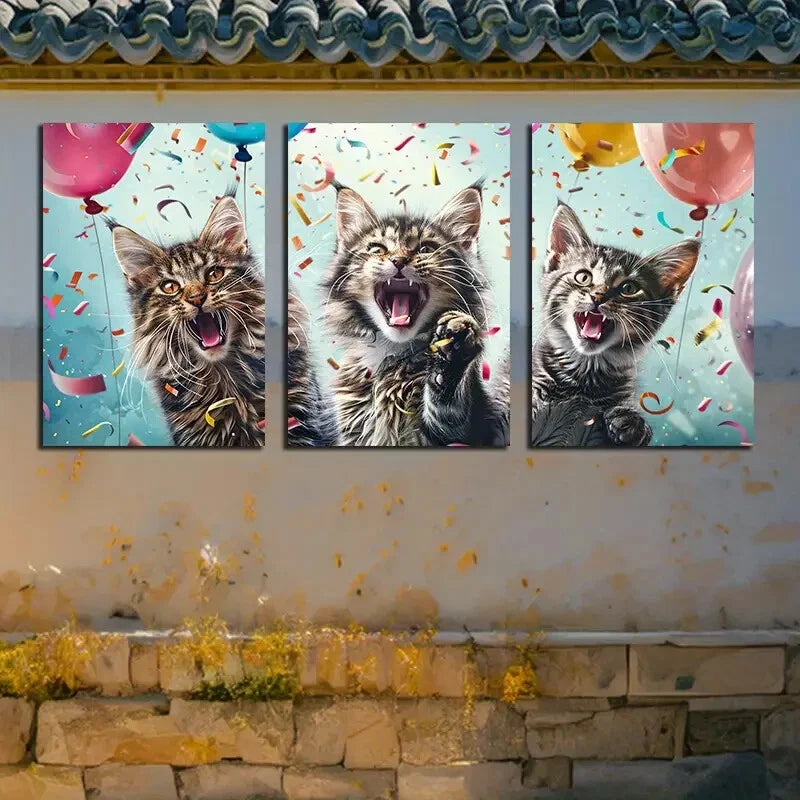 3pcs Vibrant Cat Celebration with Balloon Design Metal Print Ready to Hang Art