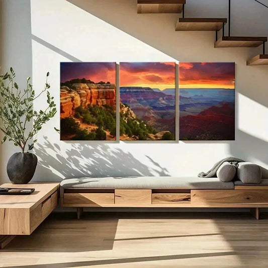 3pcs Grand Canyon Sunset Vibrant Layered Cliffs Wall Art Set Canvas Framed 40x60cm - High Quality Print 100% Australian Made Wall Canvas Ready to Hang