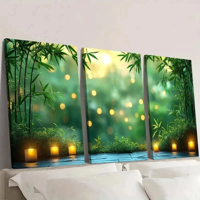 3pcs Serene Green Bamboo & Lanterns DI     Wall Art Set Canvas Framed 60x90cm - High Quality Print 100% Australian Made Wall Canvas Ready to Hang