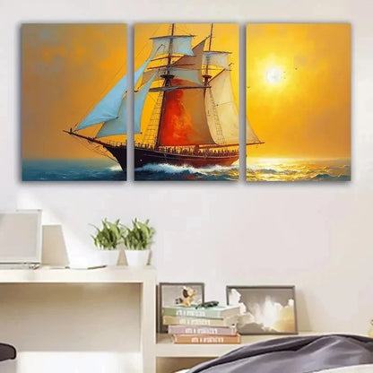 3pcs Nautical Sailboat at Sunset Ocean Scene Metal Print Ready to Hang Art