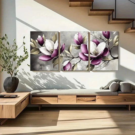 3pcs Set of Elegant Magnolia Floral Metal Print Ready to Hang Art