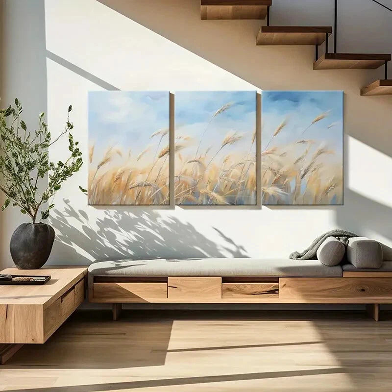3pcs Golden Wheat Blue Sky Landscape Art Metal Print Ready to Hang Art