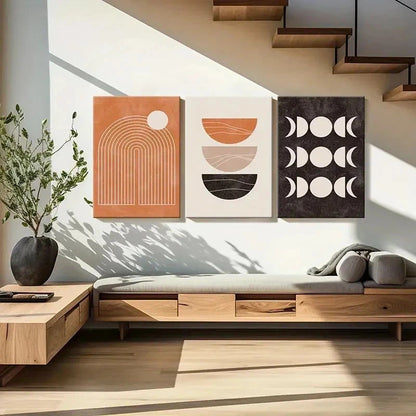 3pcs Abstract Bohemian Geometric & Sun Phases Wall Art Set Canvas Framed 40x60cm - High Quality Print 100% Australian Made Wall Canvas Ready to Hang