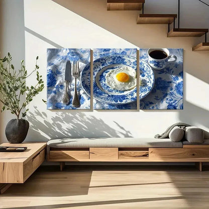 3pcs Breakfast Scene with Blue & White Porcelain Metal Print Ready to Hang Art