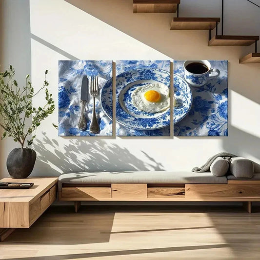 3pcs Breakfast Scene with Blue & White Porcelain Metal Print Ready to Hang Art