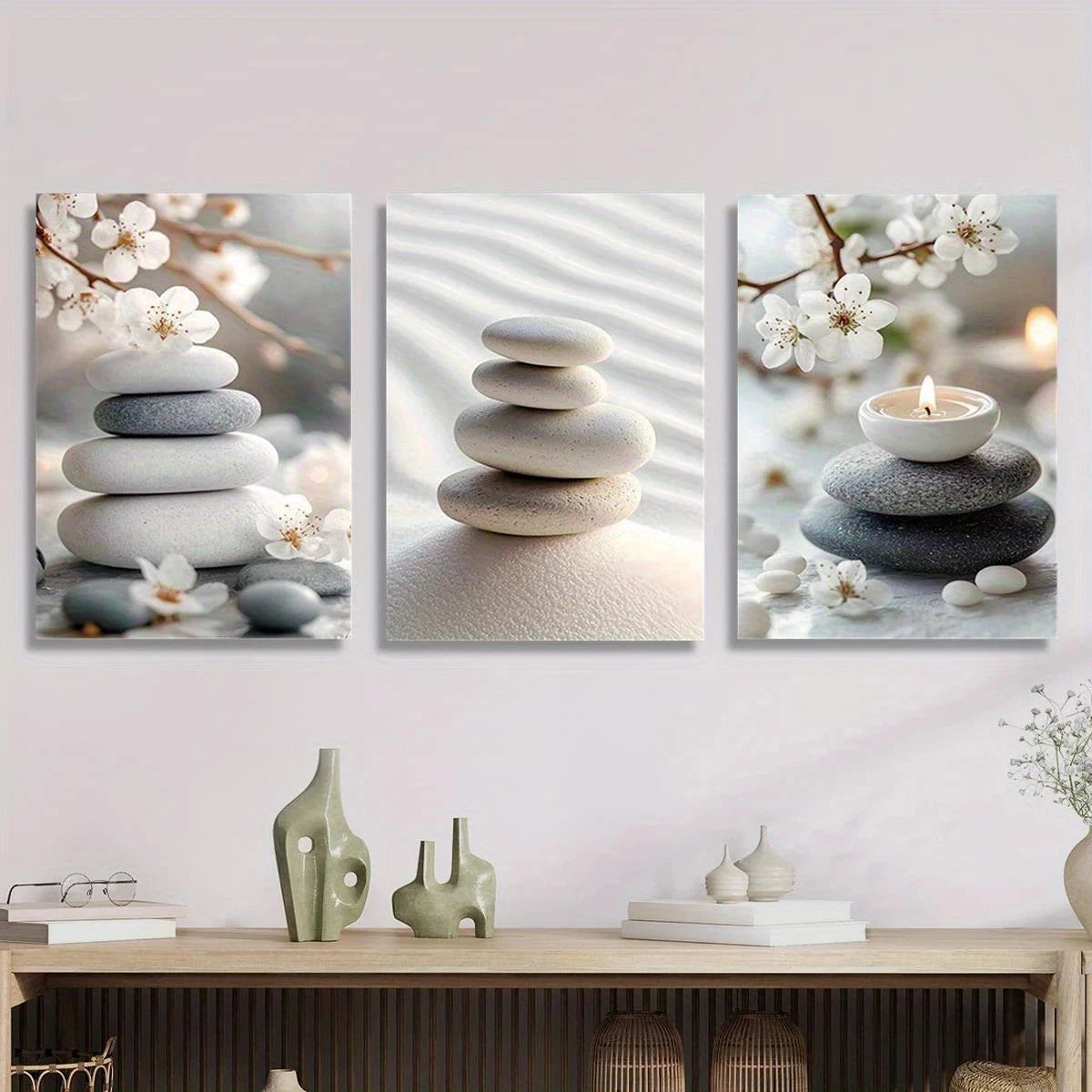 3pcs Beautiful Pebble Beach on Gray Metal Print Ready to Hang Art