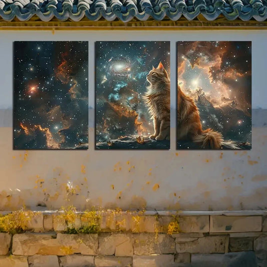 3pcs Whimsical Cat Space Themed Design Metal Print Ready to Hang Art