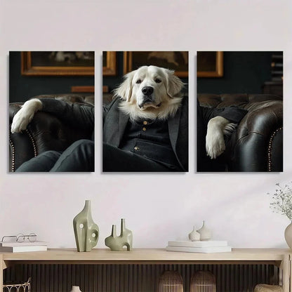 3pcs Elegant White Great Pyrenees in Black Suit Metal Print Ready to Hang Art