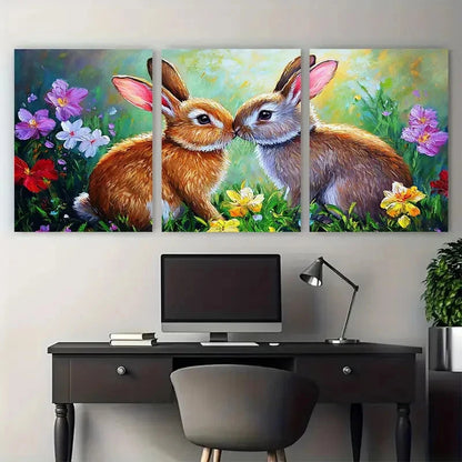 3pcs Vibrant Bunny Couple Rabbits Kissing Metal Print Ready to Hang Art