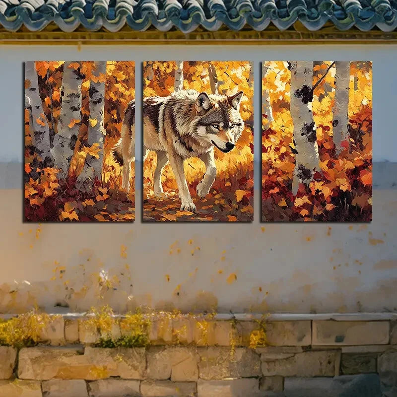 3pcs Lonely Wolf Dry leaves Autumn Scene Metal Print Ready to Hang Art