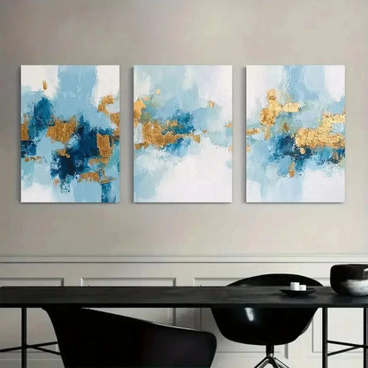 3pcs Abstract Art Blue And Golden Painting Metal Print Ready to Hang Art