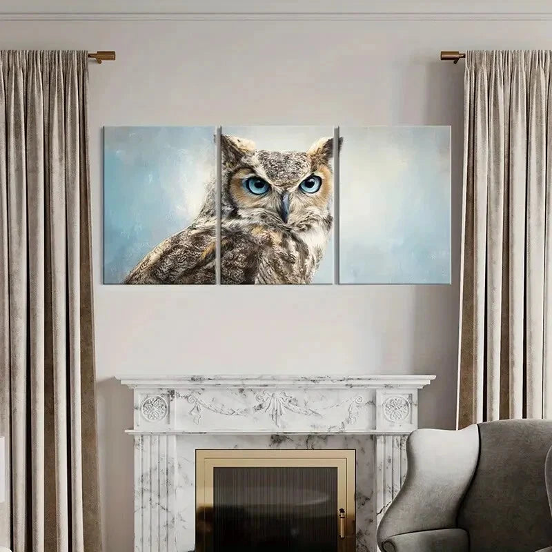 3pcs Owl Portrait Blue Eyes Detailed Feathers Metal Print Ready to Hang Art