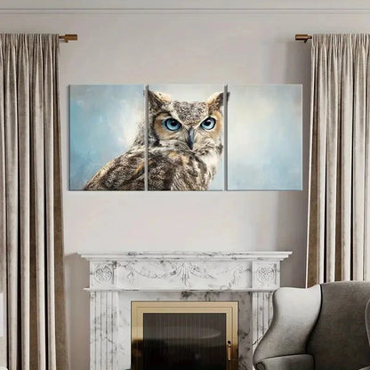3pcs Owl Portrait Blue Eyes Detailed Feathers Metal Print Ready to Hang Art