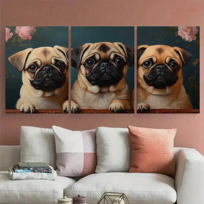 3pcs Pug Dog Portrait Cute Animals Metal Print Ready to Hang Art