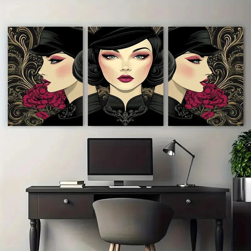 3pcs Glamour Fashion Woman Digital Illustration Metal Print Ready to Hang Art