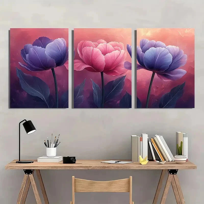 3pcs Pink & Purple Flowers with Green Leaves Metal Print Ready to Hang Art