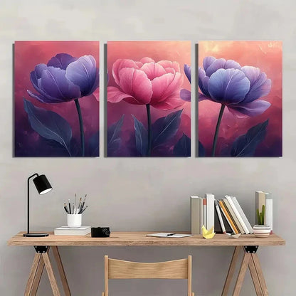 3pcs Pink & Purple Flowers with Green Leaves Metal Print Ready to Hang Art