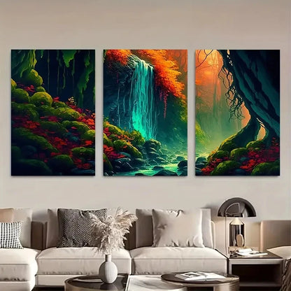 3pcs Vibrant Magical Nature Waterfall Scene Metal Print Ready to Hang Art