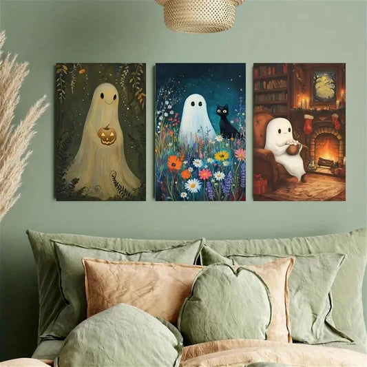 3pcs Ghosts Black Cats Pumpkins & Cozy Fireplace Metal Print Ready to Hang Art