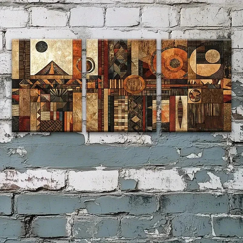 3pcs Geometric Earthy Tones & Golden Accents Metal Print Ready to Hang Art