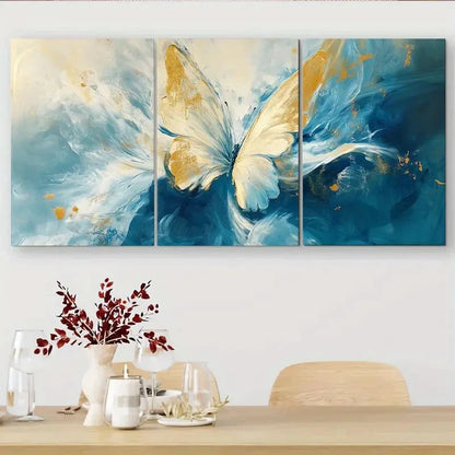 3pcs Butterfly Abstract Blue and White Swirls Metal Print Ready to Hang Art