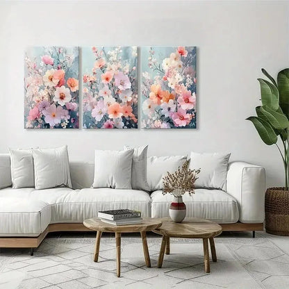 3pcs Pink Blue Flower Decorative Painting Metal Print Ready to Hang Art